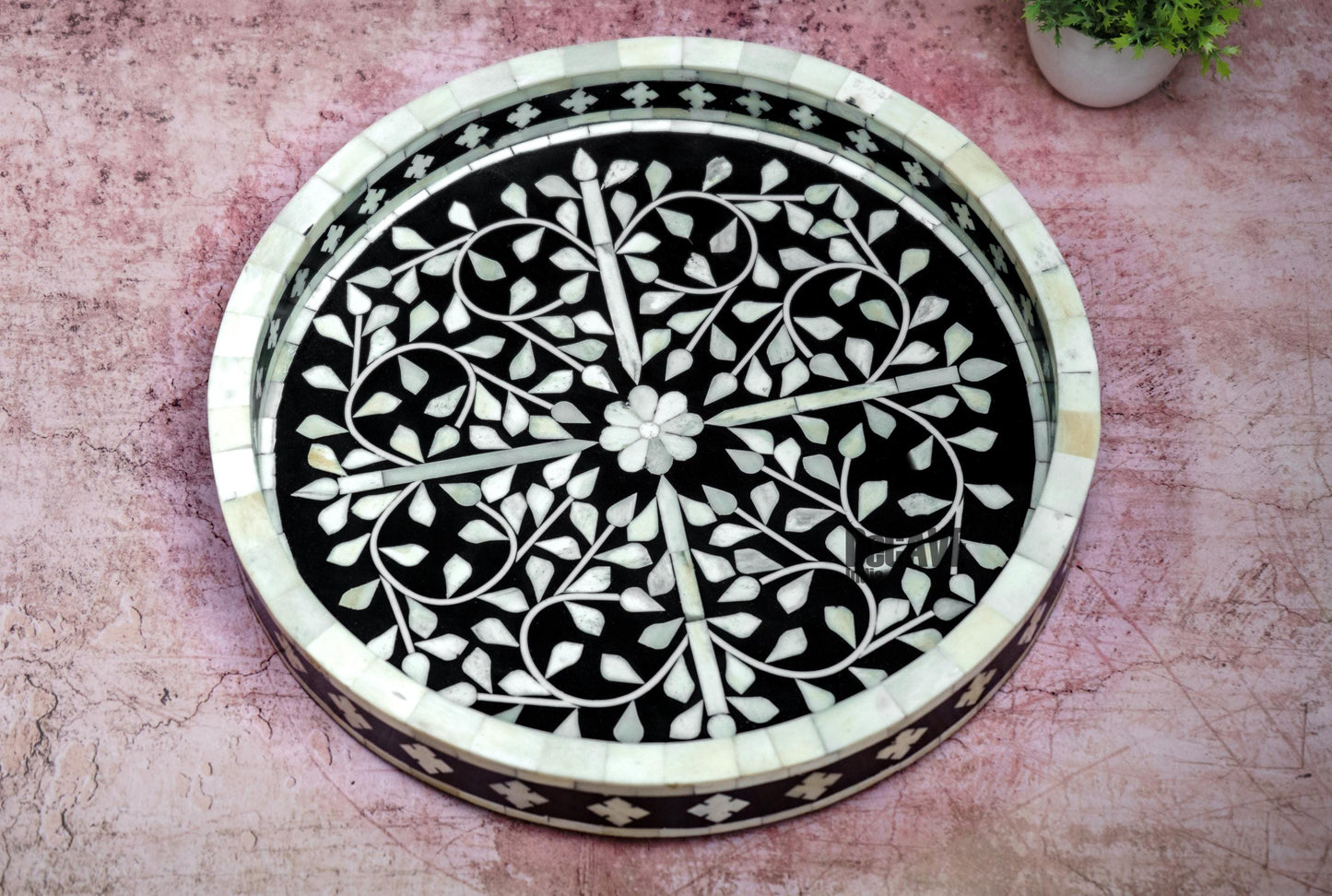 Luxury Round Tray, 18" Black Floral Decorative Tray, Luxury Bone Inlay Serving Tray, Boho Coffee Table Centerpiece, Indian Inlay Art