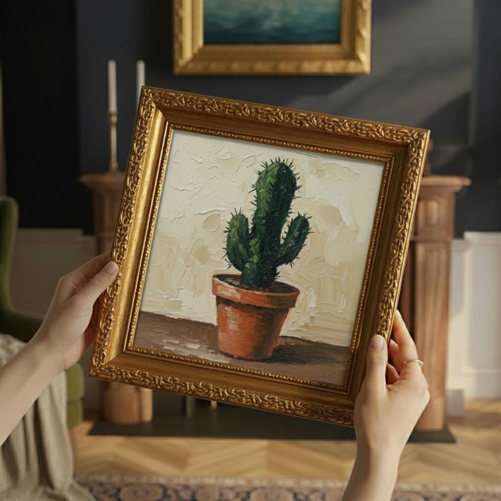 Contemporary Minimalist Painting on Canvas | Stylized Cactus in Terracotta Pot | Framed Gold | Desert Wall Art