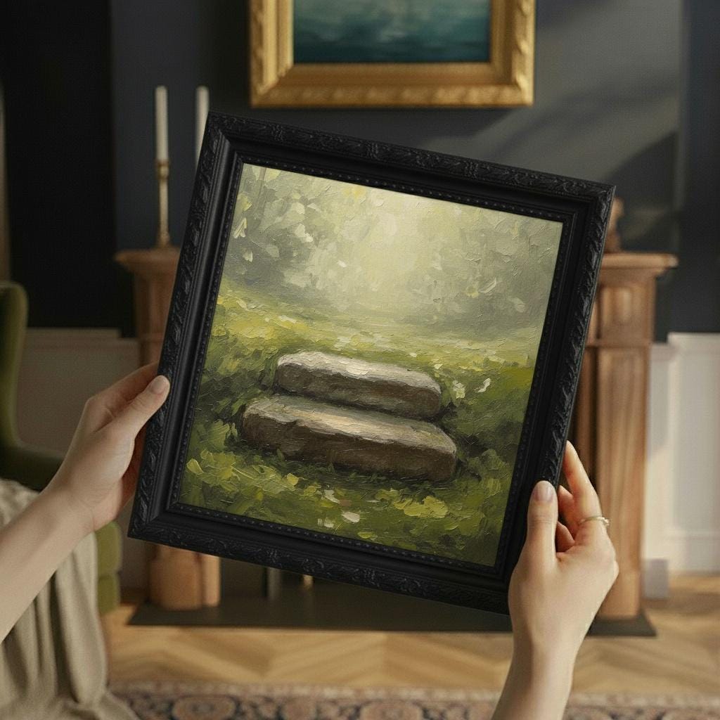 Minimalist Stone Step Painting | Moss Green Canvas Art | Ancient Serenity Wall Decor | Gold Framed Artwork