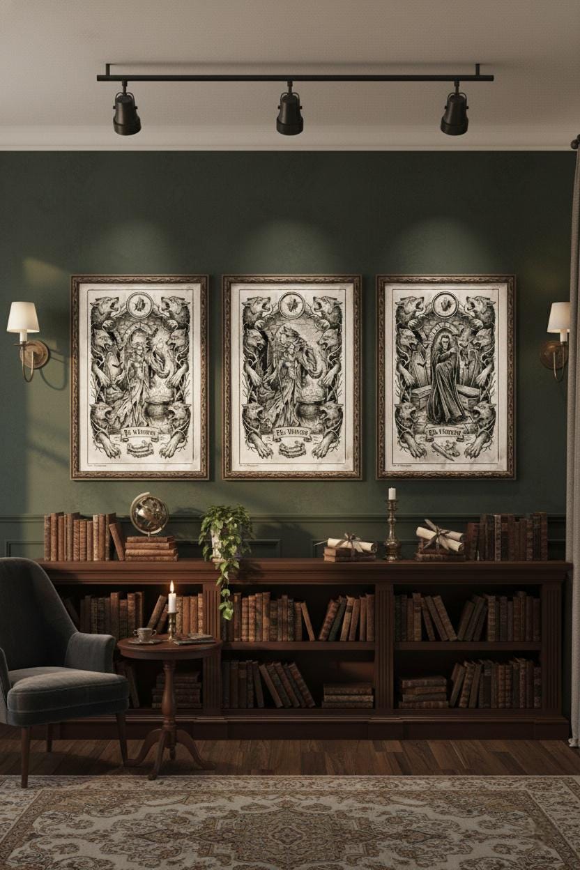 Gothic Horror Framed Art Prints Set of 3 | Werewolf, Vampire, Witch Medieval Fantasy Wall Decor