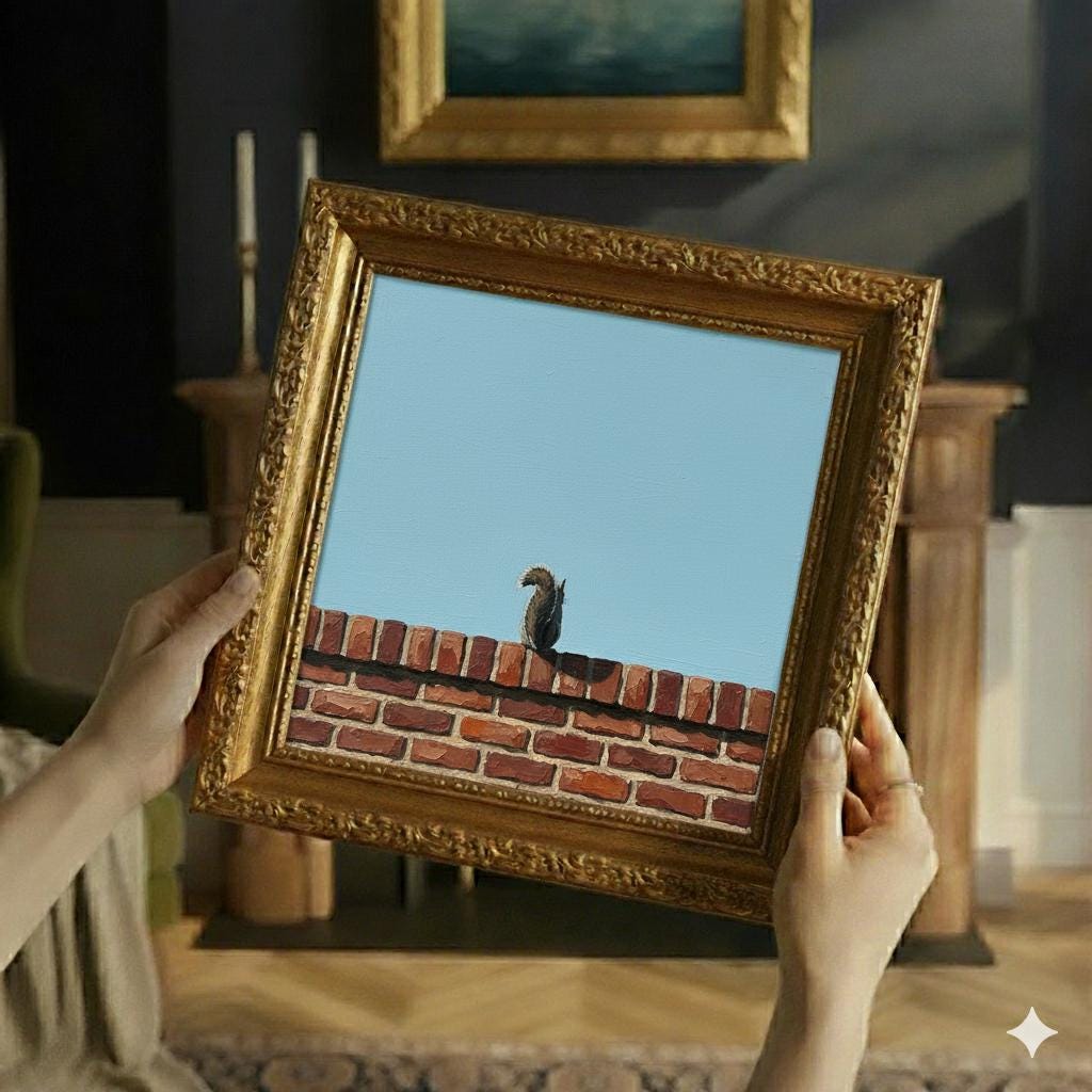 Minimalist Grey Squirrel Painting | Textured Red Brick Wall | Robin's Egg Blue Sky | Modern Narrative Wall Art