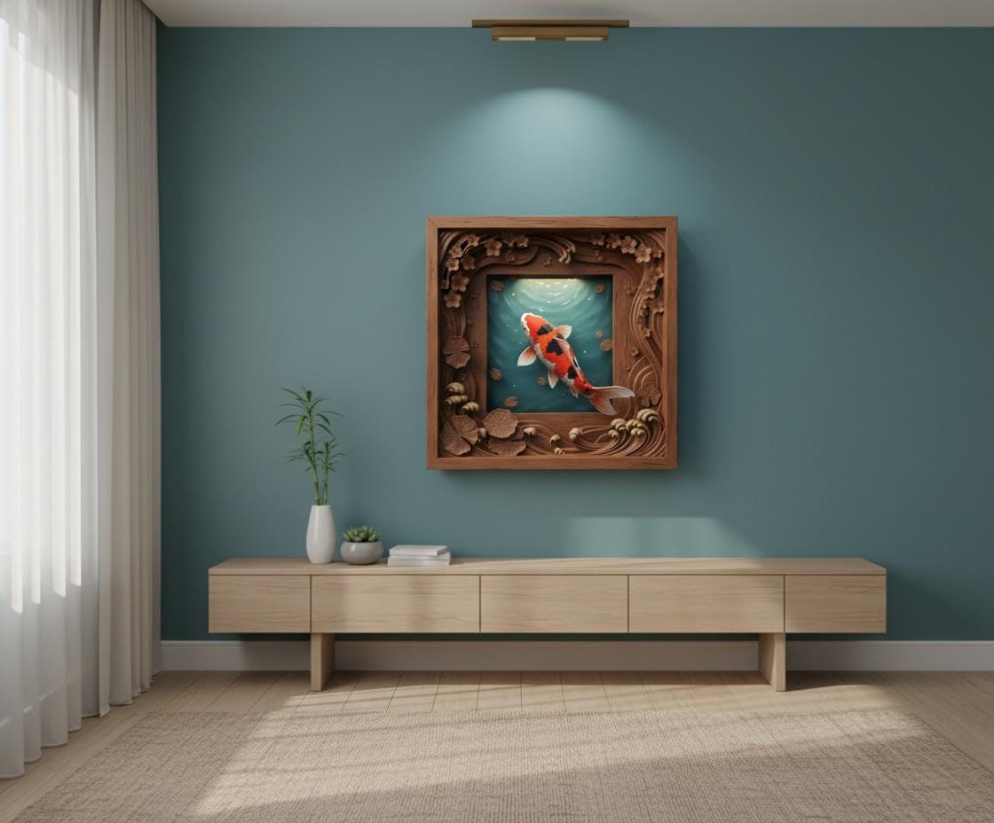 Graceful Koi Fish 3D Optical Illusion Art Japanese Garden Carved Frame Effect Physical Frame Included Wall Decor