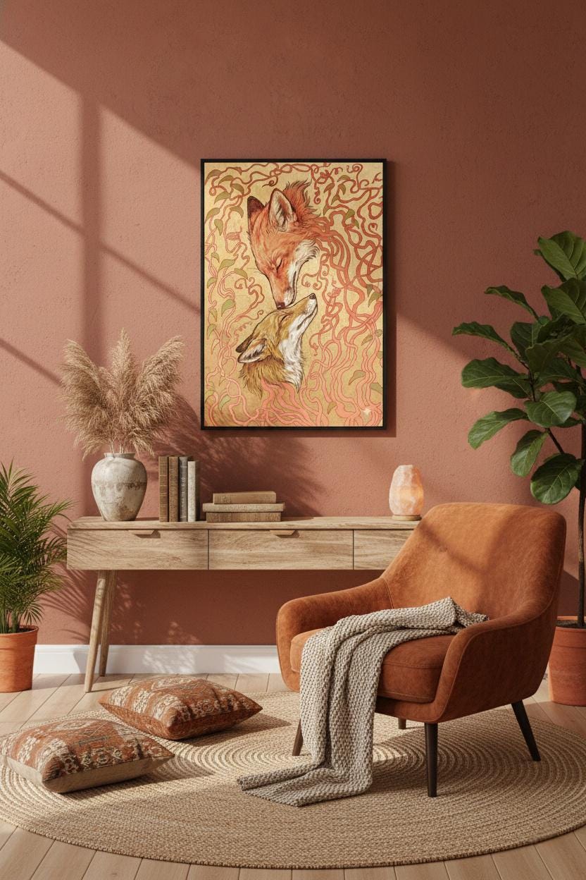 Two Foxes Love Wall Art | Artistic Swirl Pattern | Mystical Animal Print | Warm Autumn Decor