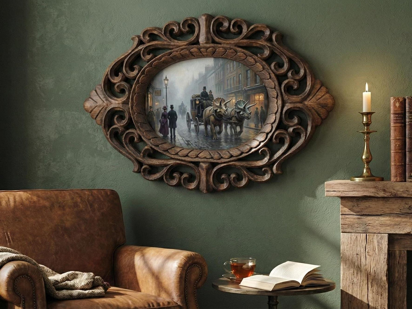 14" Rosewood Handcarved Frame London Triceratops carriage Painting, Whimsical Maximalist Wall Art