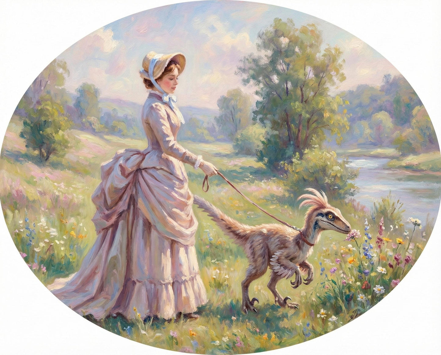 14" Rosewood Handcarved Frame Victorian Lady Walking Dinosaur Painting, Whimsical Maximalist Wall Art