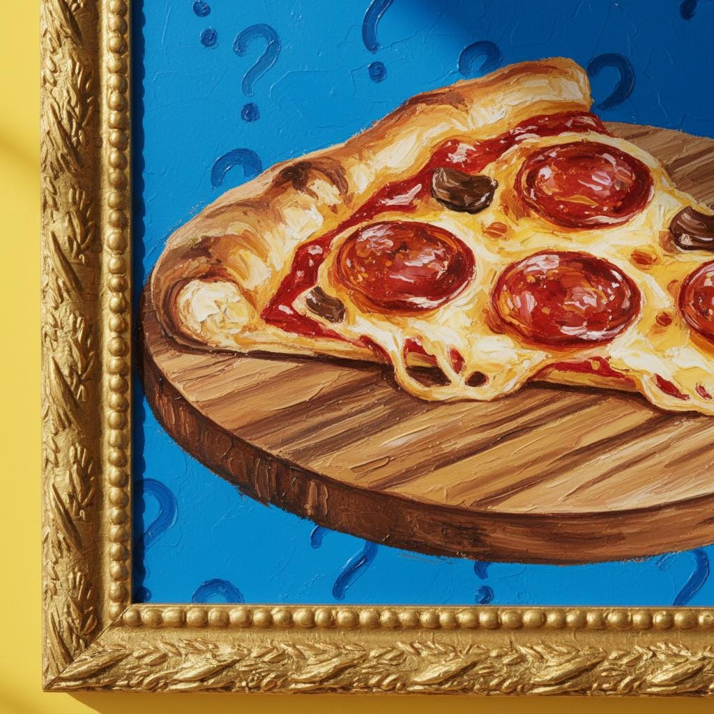 The Philosophizing Pizza | Hyper-Quirky Pop Art Mixed-Media Canvas | Glossy Pepperoni Painting with Comic Blue