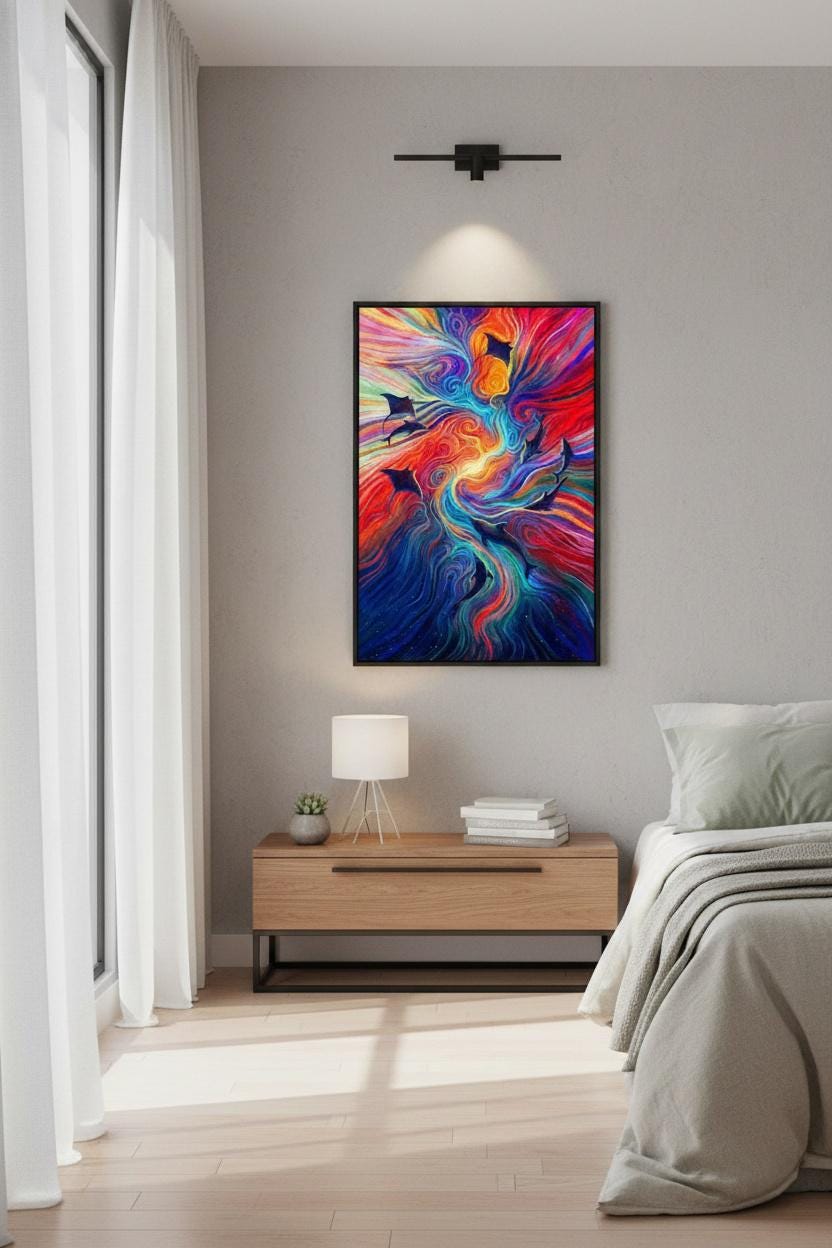 Manta Rays & Dolphins Abstract Framed Art Print – Vibrant Framed Giclée