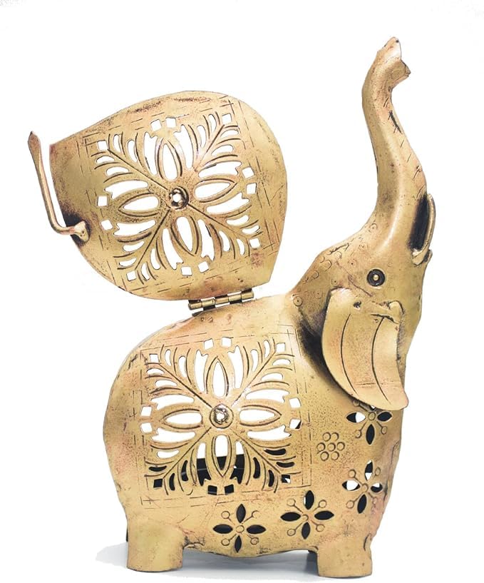 Tea Light Candle Holder & Incense Diffuser - Trunk Up Elephant Set of 2 | Antique Gold Finish