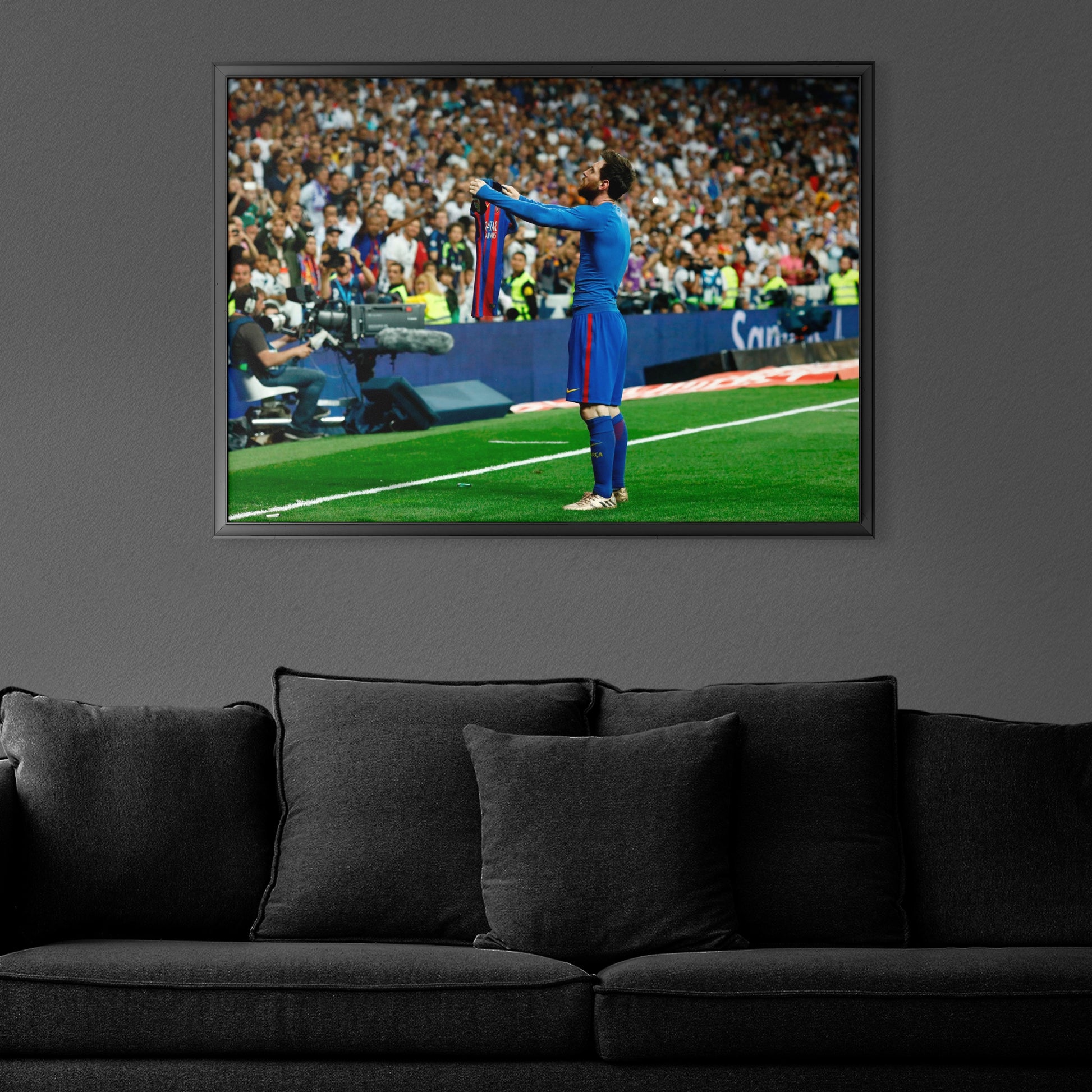 Lionel Messi poster, El Clásico moment, Real Madrid vs. Barcelona, soccer GOAT, iconic soccer photo, Messi 500 goals, soccer memorabilia, FC Barcelona art, soccer fan decor.