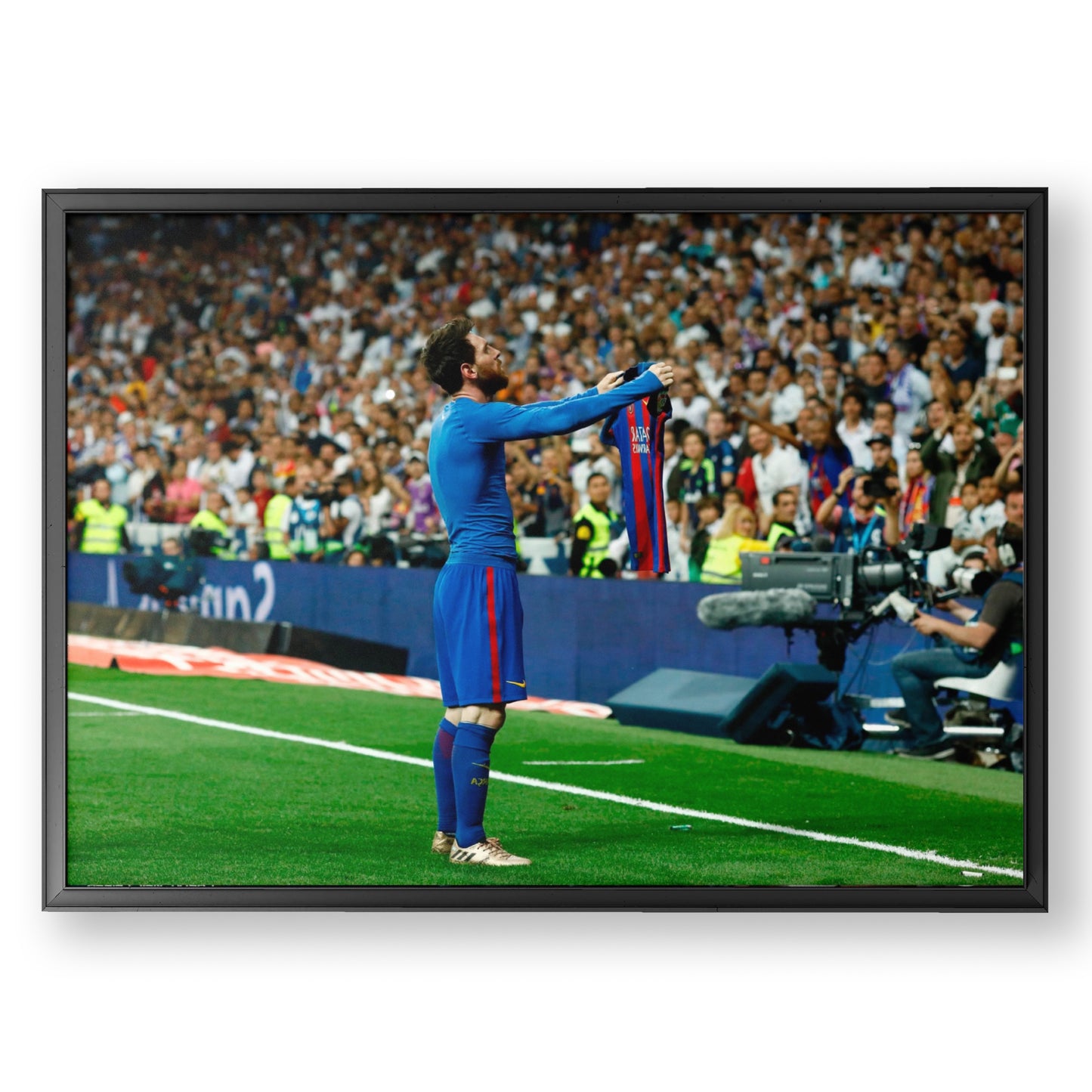 Lionel Messi poster, El Clásico moment, Real Madrid vs. Barcelona, soccer GOAT, iconic soccer photo, Messi 500 goals, soccer memorabilia, FC Barcelona art, soccer fan decor.