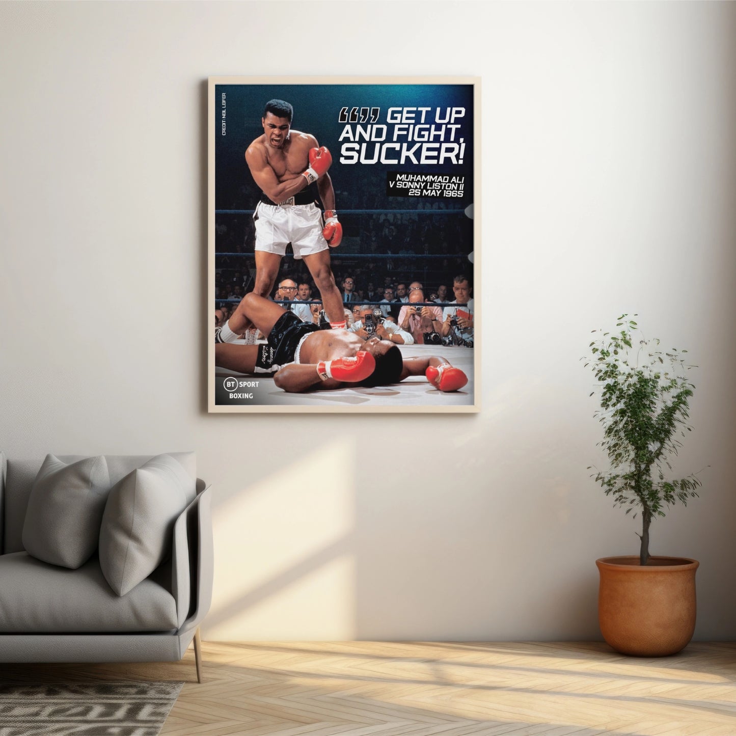 Muhammad Ali poster, boxing art, iconic sports photo, Ali vs. Liston, Phantom Punch, Neil Leifer photography, sports memorabilia, motivational wall art, Ali quote poster, gym decor.