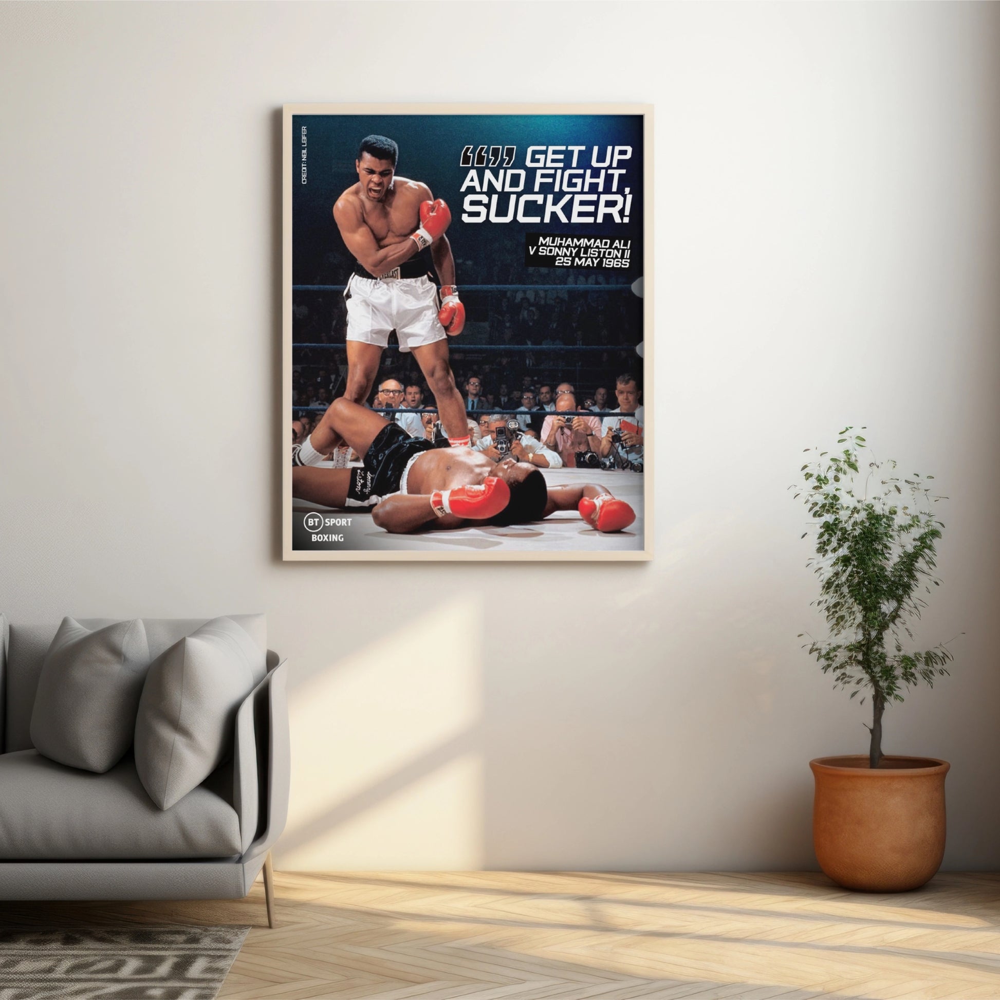 Muhammad Ali poster, boxing art, iconic sports photo, Ali vs. Liston, Phantom Punch, Neil Leifer photography, sports memorabilia, motivational wall art, Ali quote poster, gym decor.