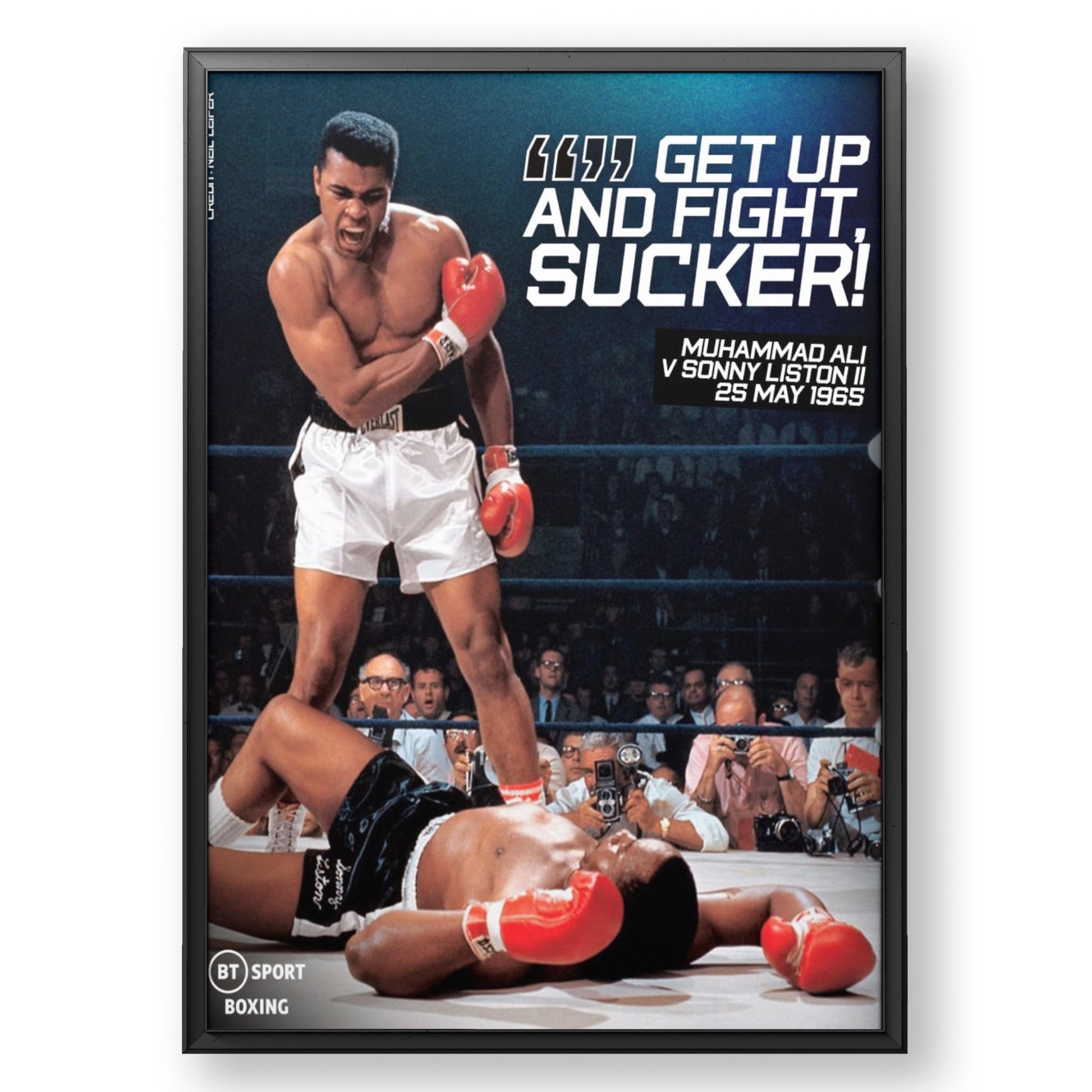 Muhammad Ali poster, boxing art, iconic sports photo, Ali vs. Liston, Phantom Punch, Neil Leifer photography, sports memorabilia, motivational wall art, Ali quote poster, gym decor.