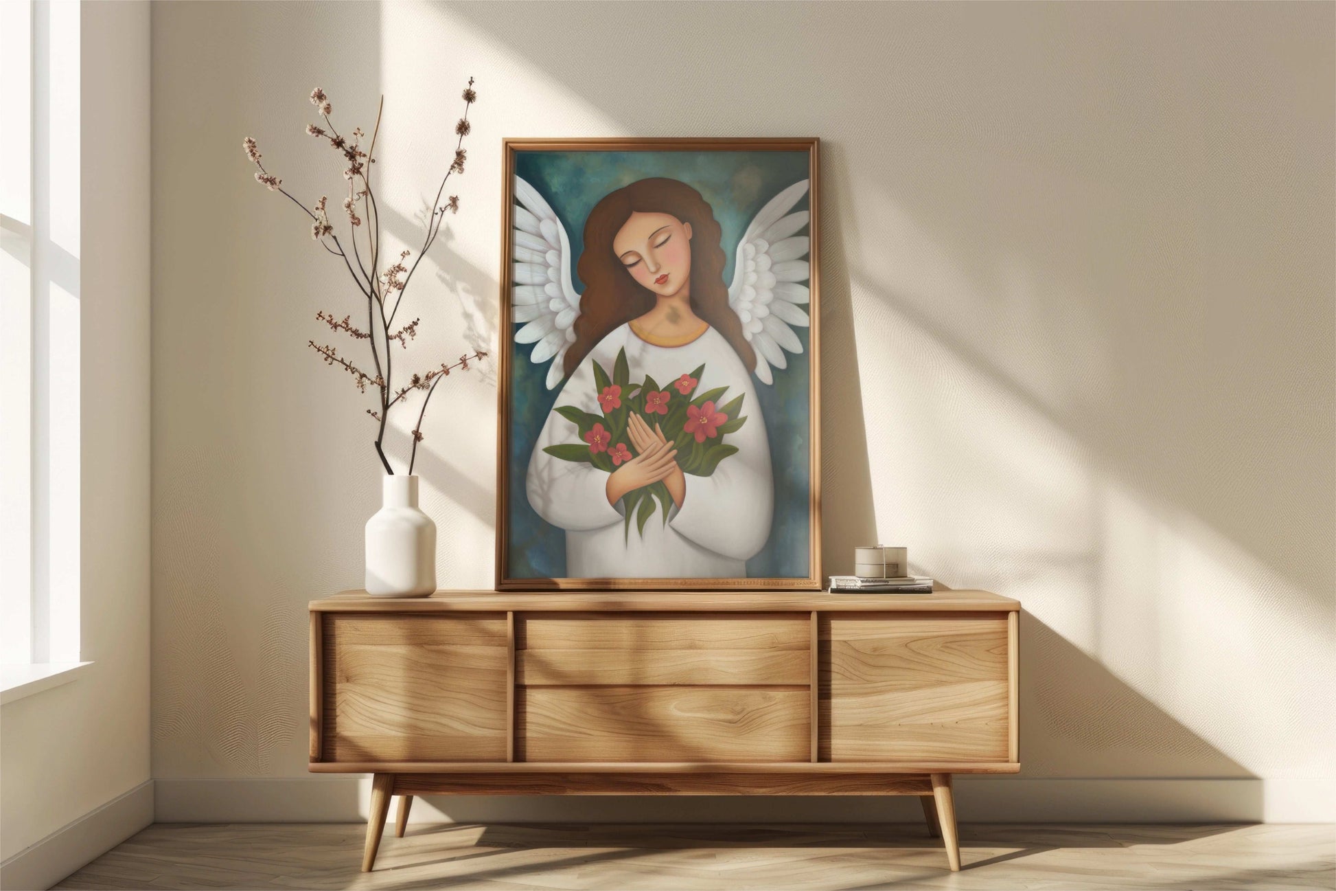 Serene Angel with Red Rose