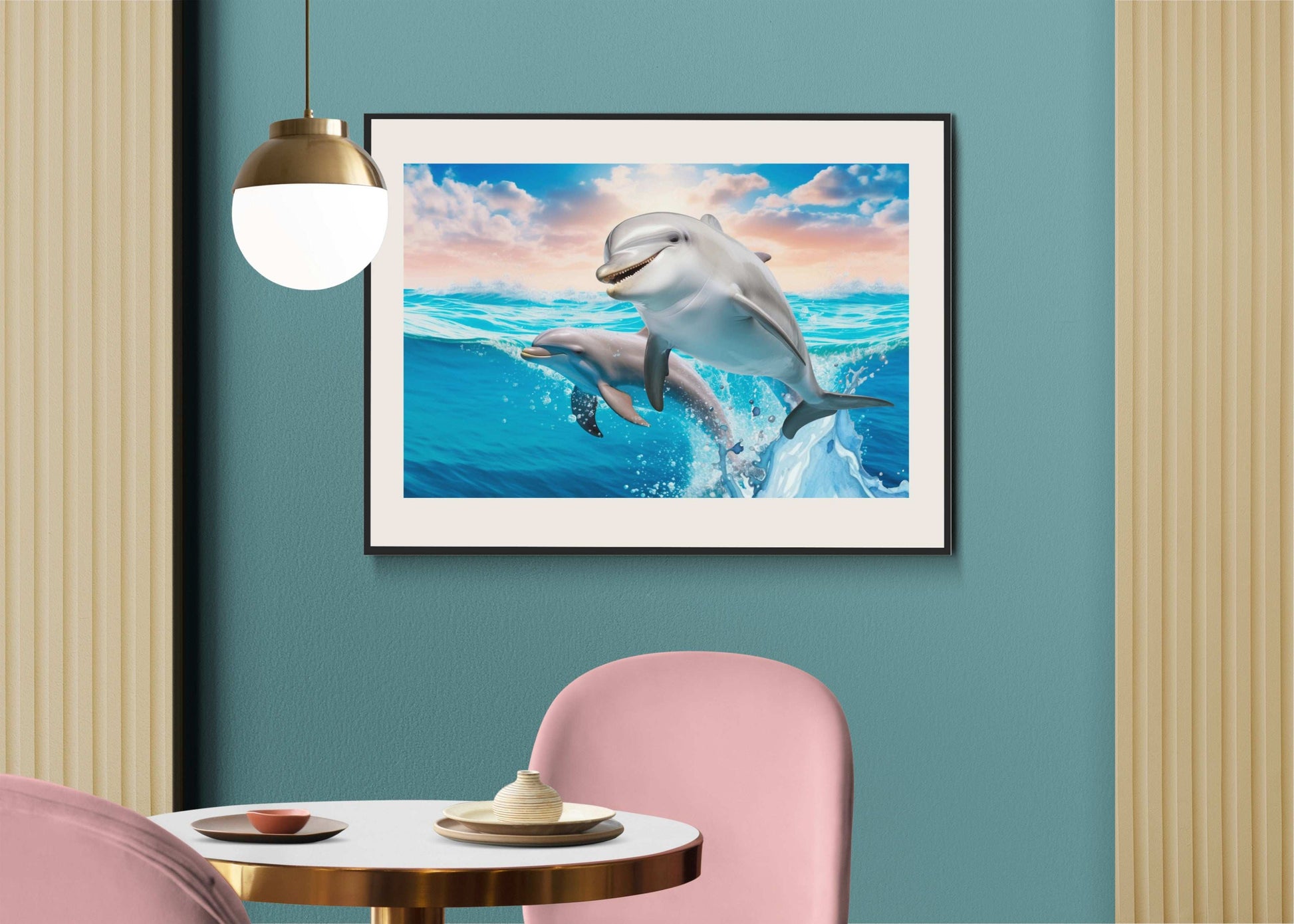 Two Playful Smiling Dolphins - Vastu art for North wall