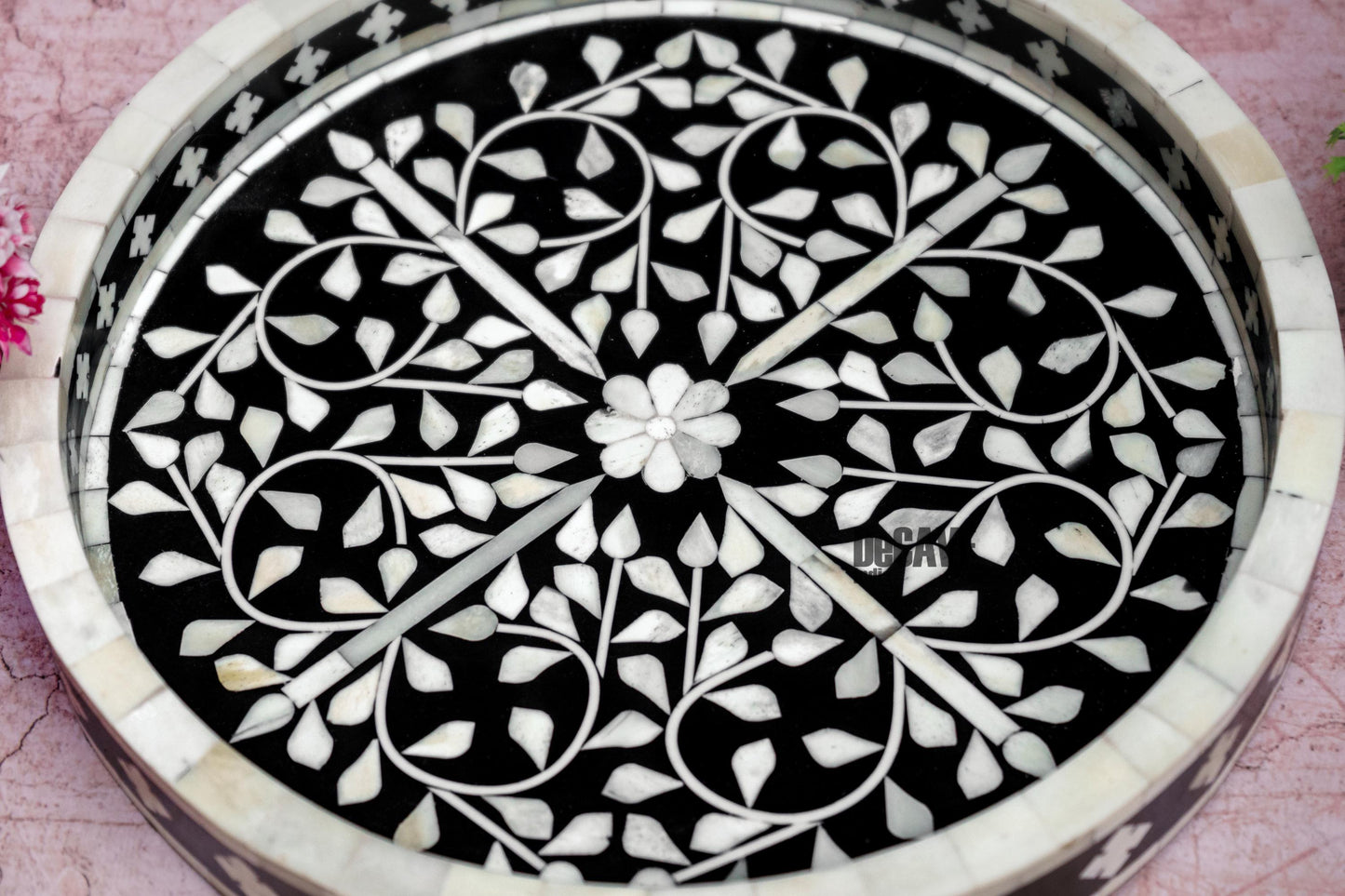 Luxury Round Tray, 18" Black Floral Decorative Tray, Luxury Bone Inlay Serving Tray, Boho Coffee Table Centerpiece, Indian Inlay Art