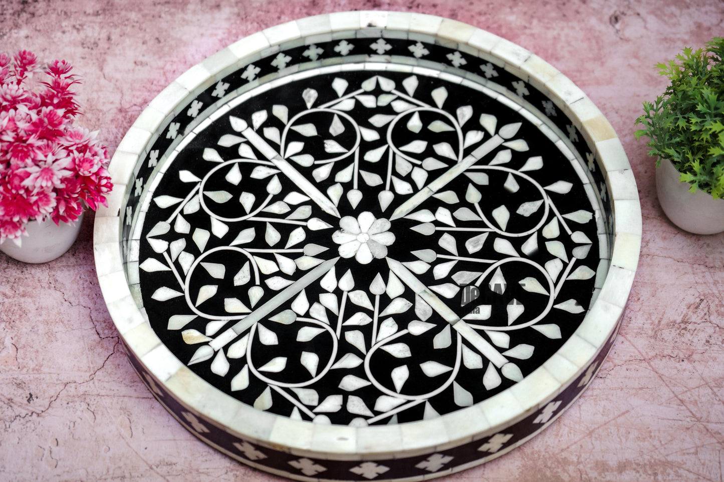 Luxury Round Tray, 18" Black Floral Decorative Tray, Luxury Bone Inlay Serving Tray, Boho Coffee Table Centerpiece, Indian Inlay Art
