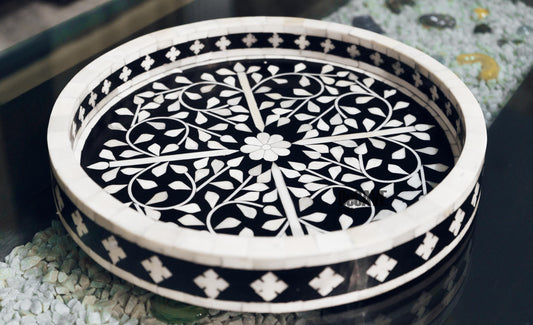 Luxury Round Tray, 18" Black Floral Decorative Tray, Luxury Bone Inlay Serving Tray, Boho Coffee Table Centerpiece, Indian Inlay Art