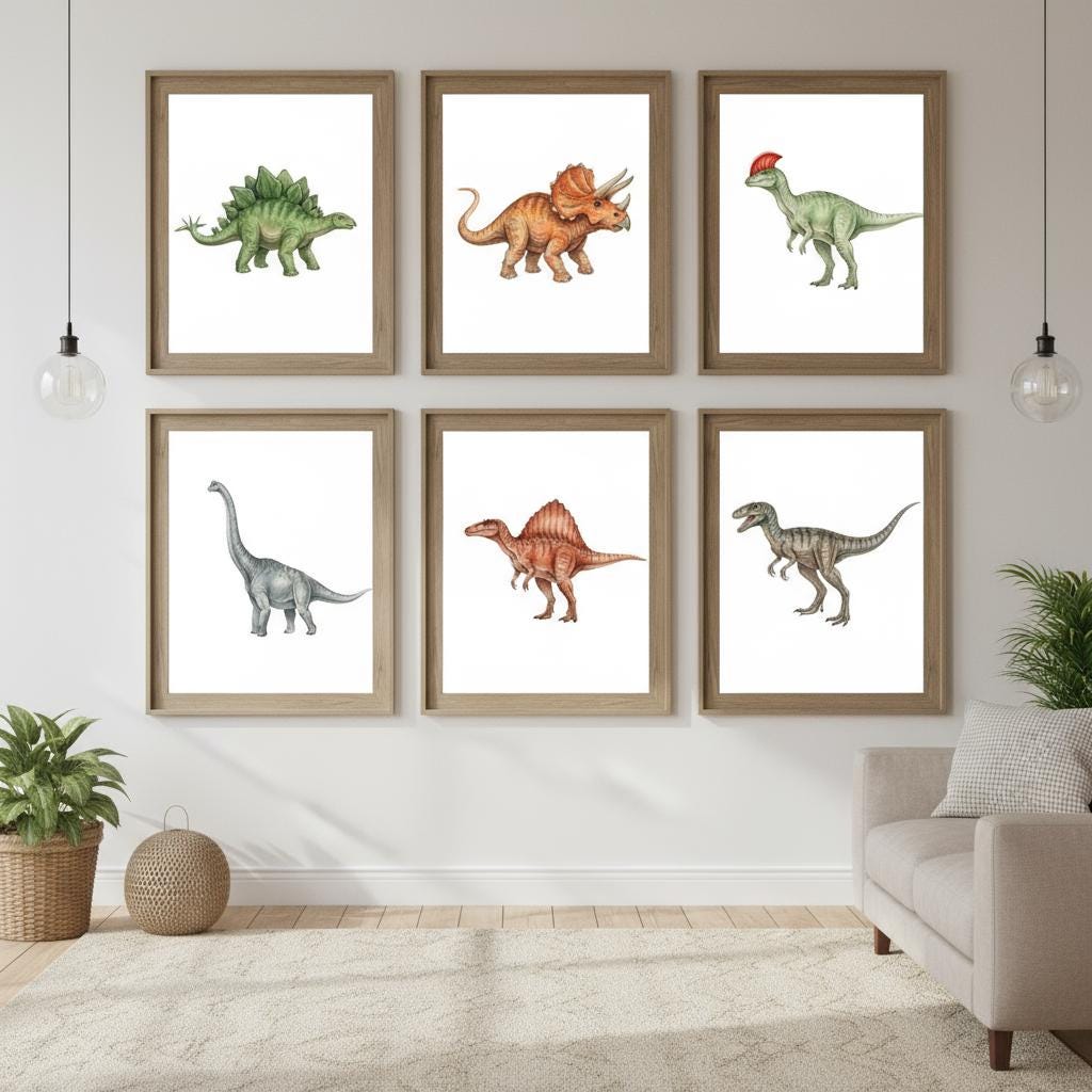 Dinosaur Art Prints - Kids Room Decor, Set of 6 Framed Dino Paintings