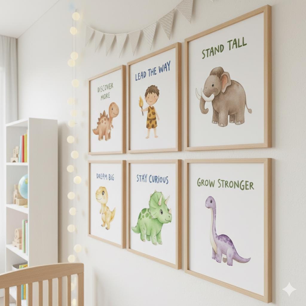 Dinosaur Nursery Art Prints, Set of 6, Kids Room Decor
