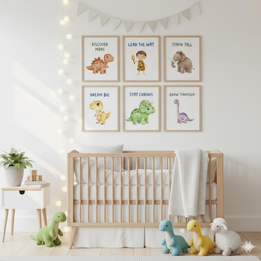 Dinosaur Nursery Art Prints, Set of 6, Kids Room Decor