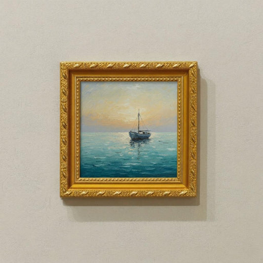 Minimalist Fishing Boat Oil Painting | Framed Canvas Art with Gold Frame