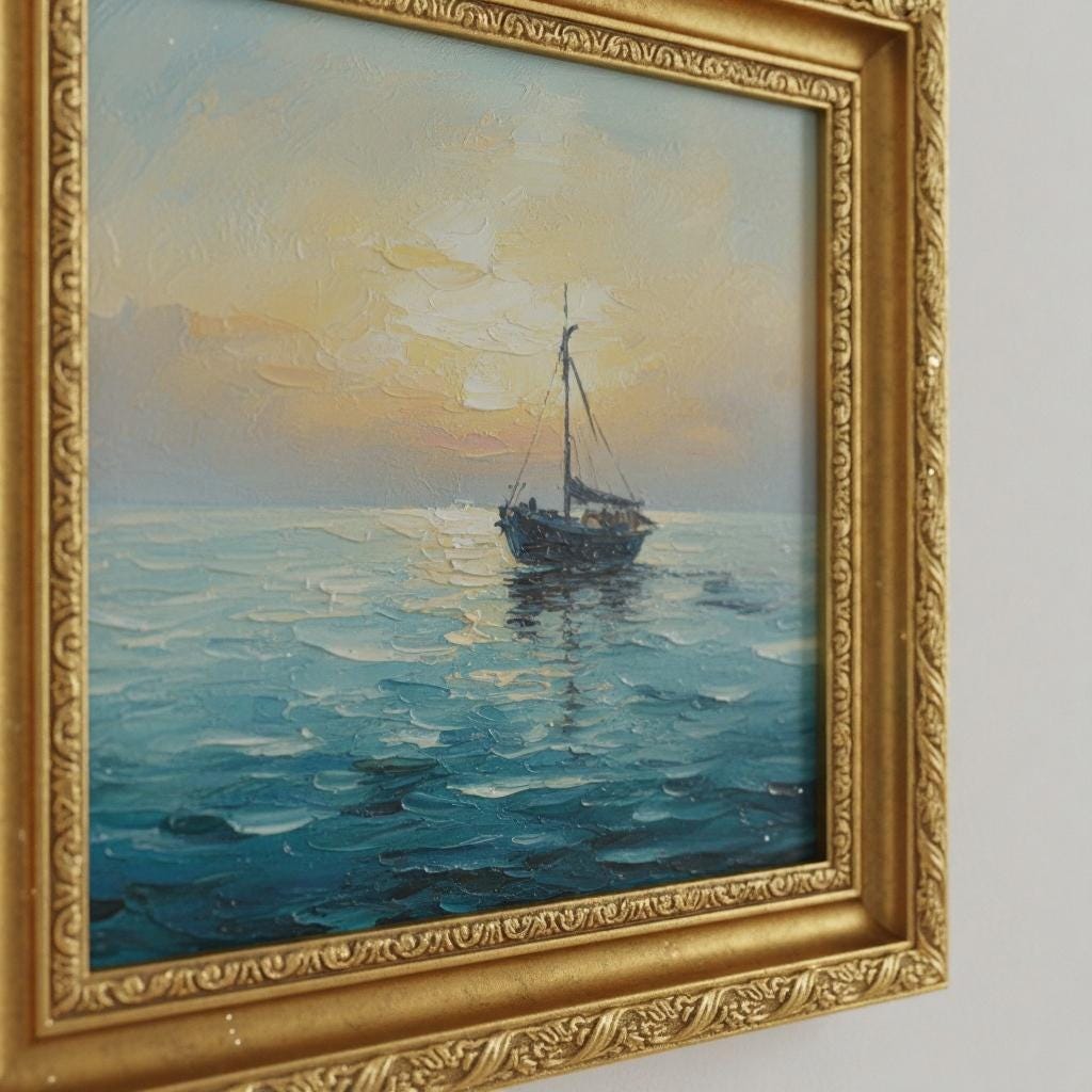 Minimalist Fishing Boat Oil Painting | Framed Canvas Art with Gold Frame