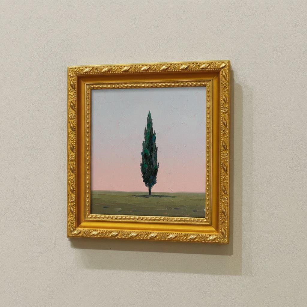 Minimalist Cypress Tree Oil Painting | Framed Canvas Art with Gold Frame