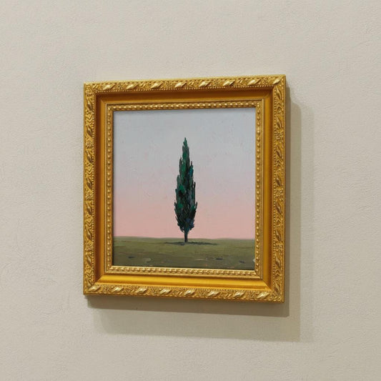 Minimalist Cypress Tree Oil Painting | Framed Canvas Art with Gold Frame