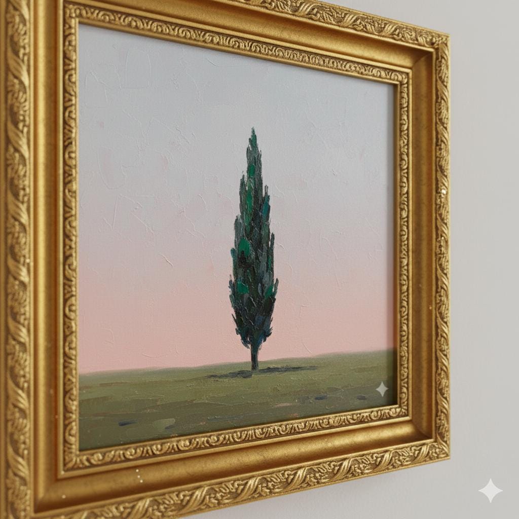 Minimalist Cypress Tree Oil Painting | Framed Canvas Art with Gold Frame