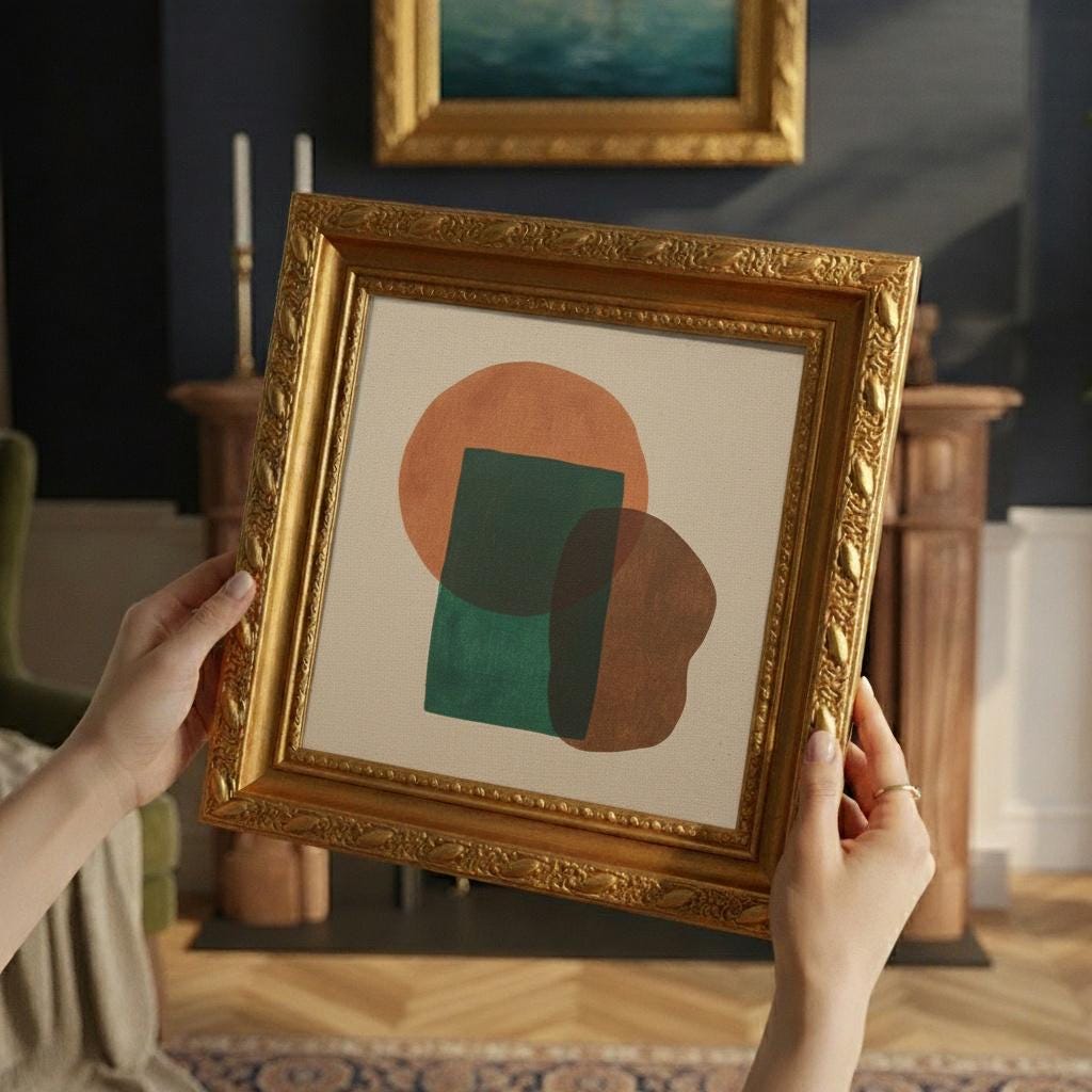 Abstract Minimalist Painting on Canvas | Earthy Geometric Wall Art | Burnt Sienna & Forest Green | Framed Art with Gold Frame