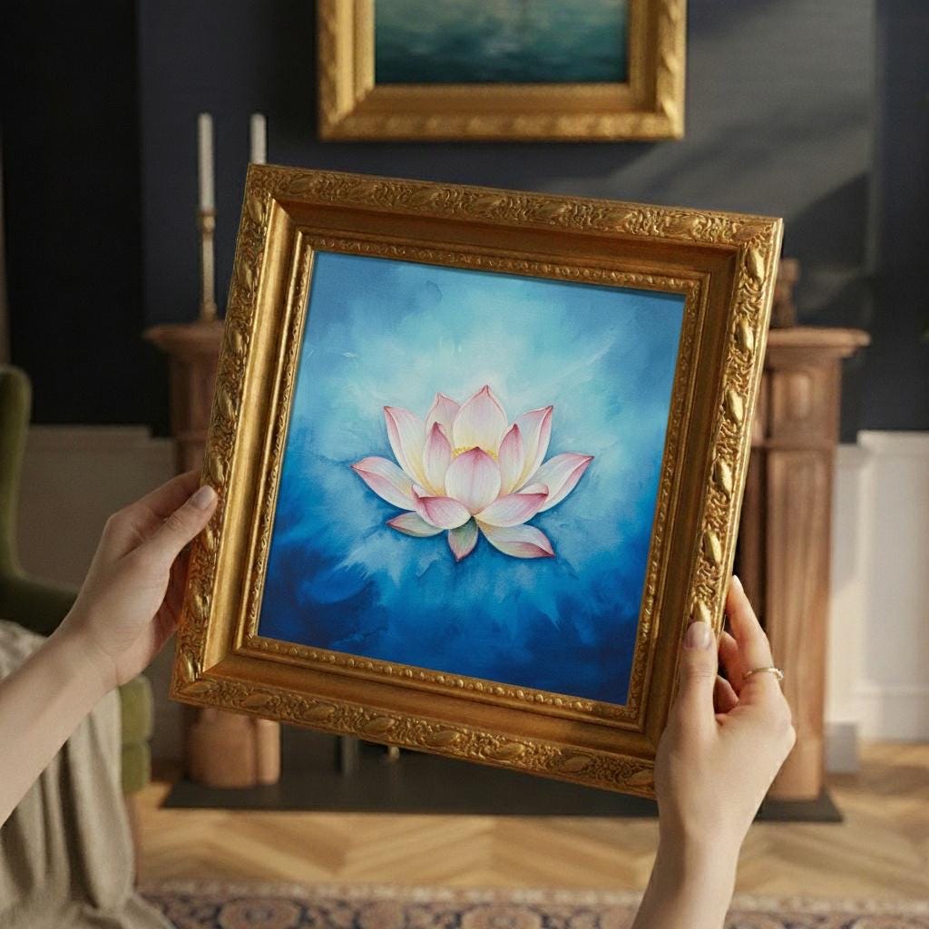 Minimalist Watercolor Lotus Painting on Canvas | Framed Gold | Soft Pink & Indigo Bloom | Tranquil Wall Art