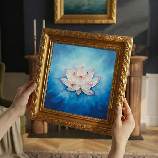 Minimalist Watercolor Lotus Painting on Canvas | Framed Gold | Soft Pink & Indigo Bloom | Tranquil Wall Art