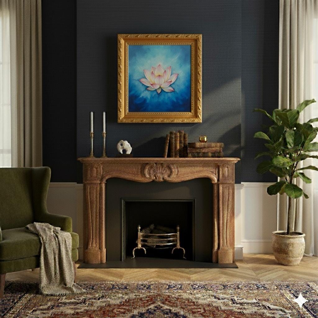 Minimalist Watercolor Lotus Painting on Canvas | Framed Gold | Soft Pink & Indigo Bloom | Tranquil Wall Art