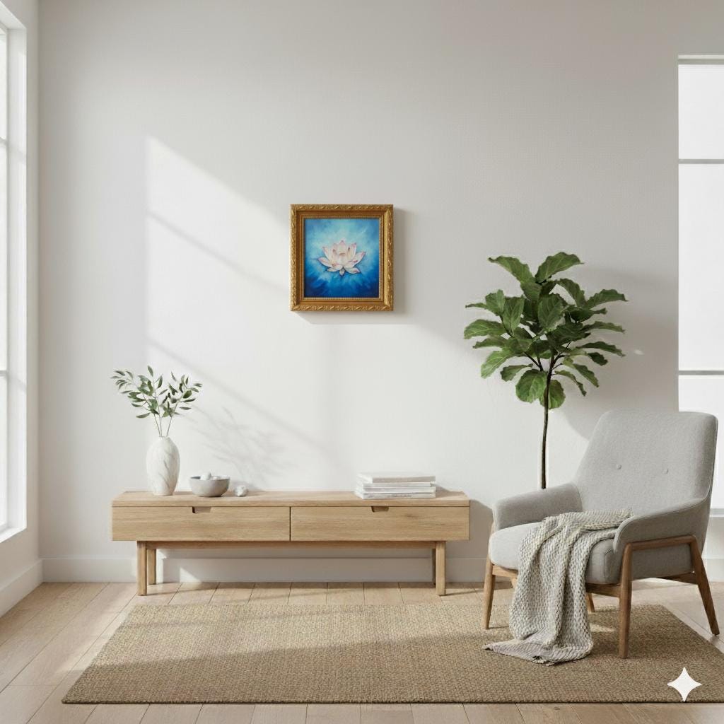 Minimalist Watercolor Lotus Painting on Canvas | Framed Gold | Soft Pink & Indigo Bloom | Tranquil Wall Art
