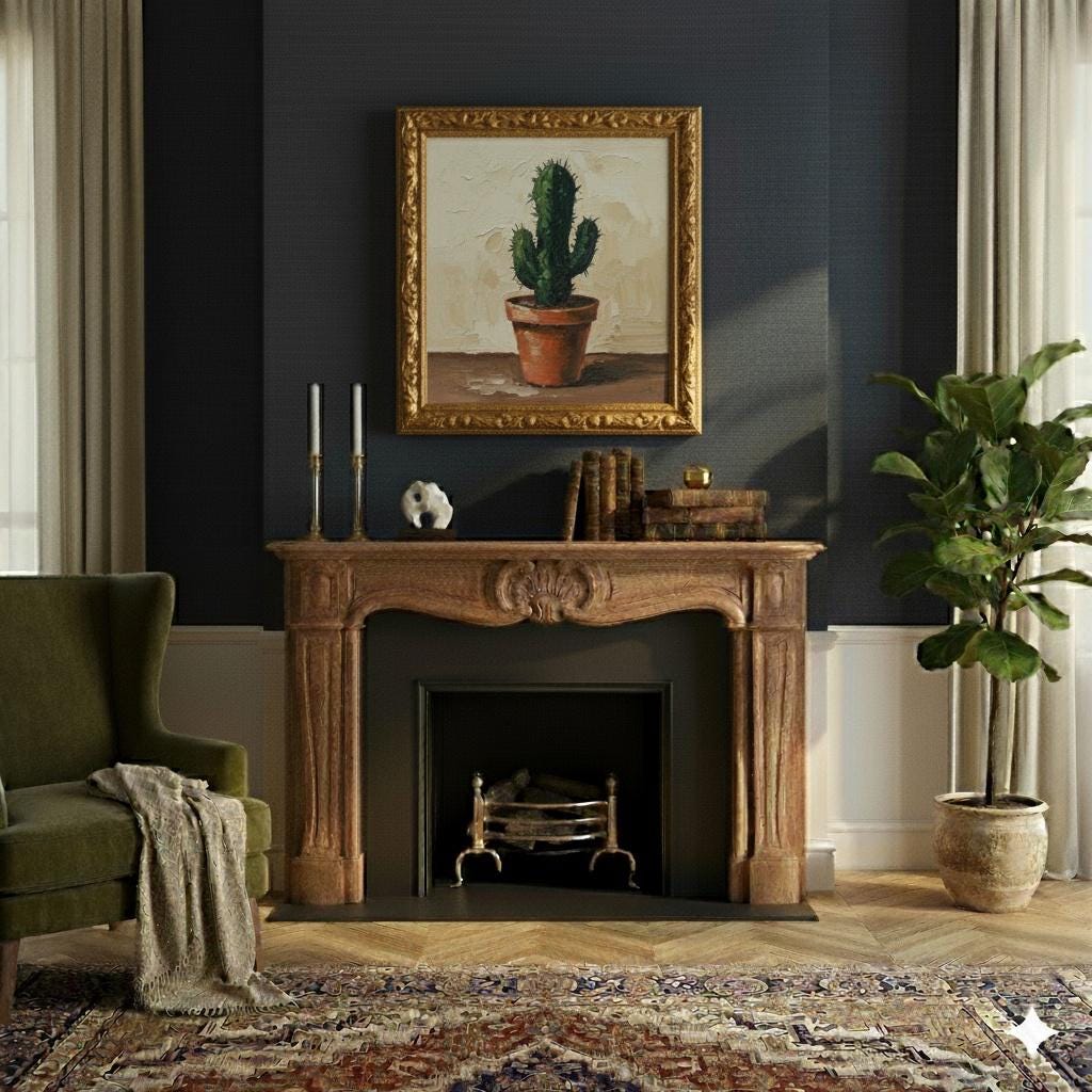 Contemporary Minimalist Painting on Canvas | Stylized Cactus in Terracotta Pot | Framed Gold | Desert Wall Art