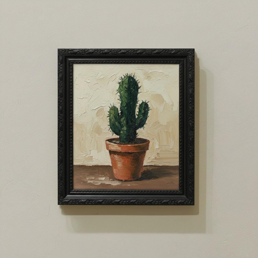 Contemporary Minimalist Painting on Canvas | Stylized Cactus in Terracotta Pot | Framed Gold | Desert Wall Art