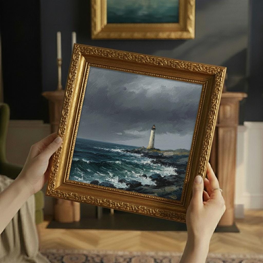 Minimalist Lighthouse Oil Painting on Canvas | Stormy Sea Wall Art | Coastal Seascape Framed Gold | Ocean Painting