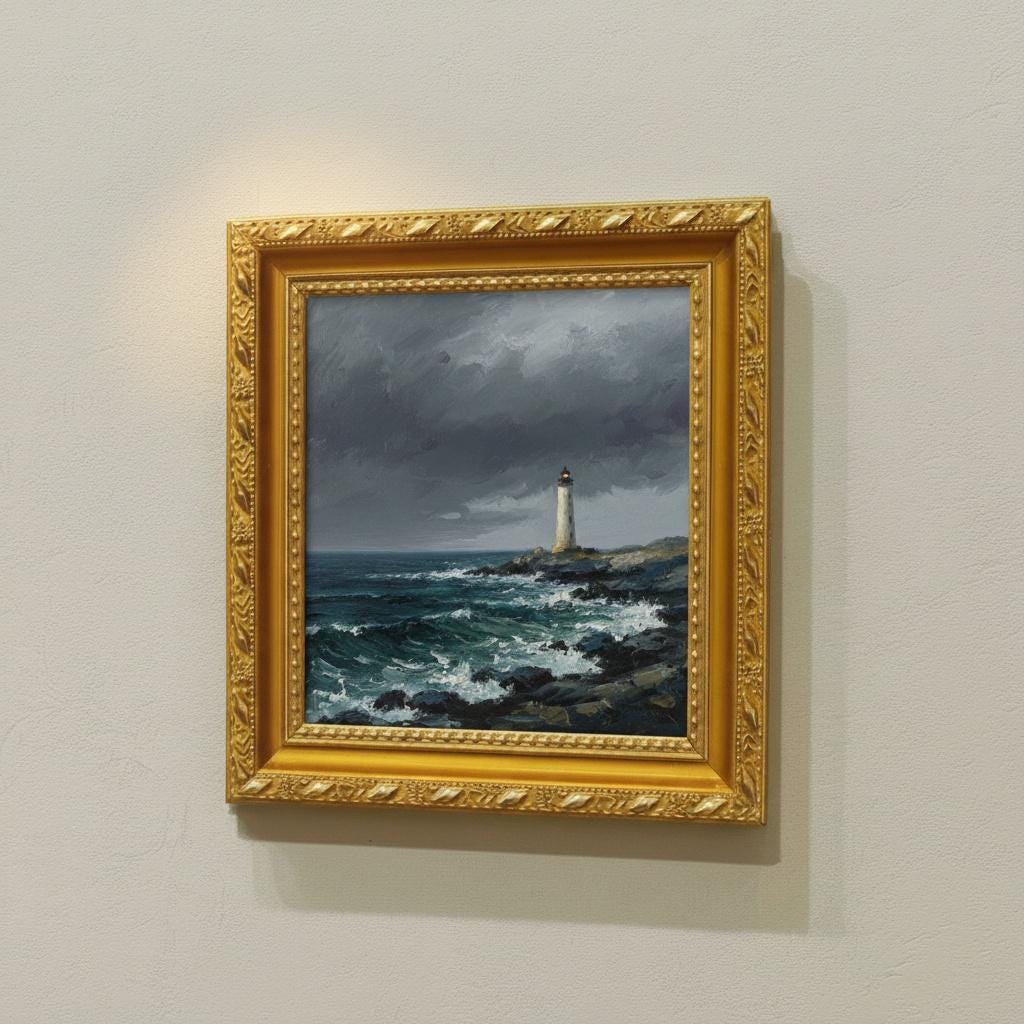 Minimalist Lighthouse Oil Painting on Canvas | Stormy Sea Wall Art | Coastal Seascape Framed Gold | Ocean Painting