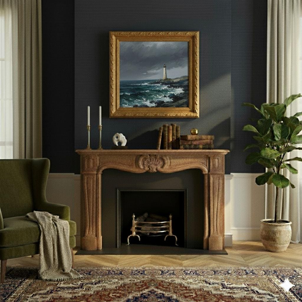 Minimalist Lighthouse Oil Painting on Canvas | Stormy Sea Wall Art | Coastal Seascape Framed Gold | Ocean Painting