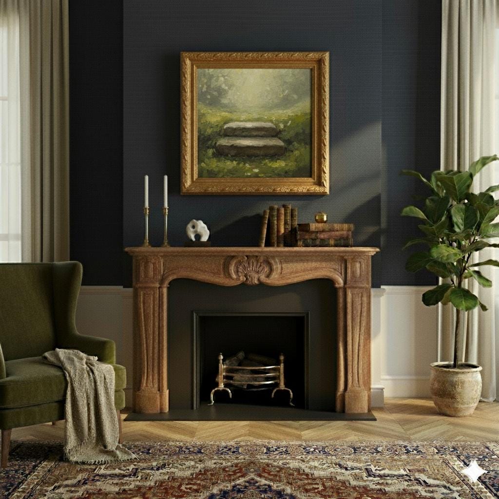 Minimalist Stone Step Painting | Moss Green Canvas Art | Ancient Serenity Wall Decor | Gold Framed Artwork