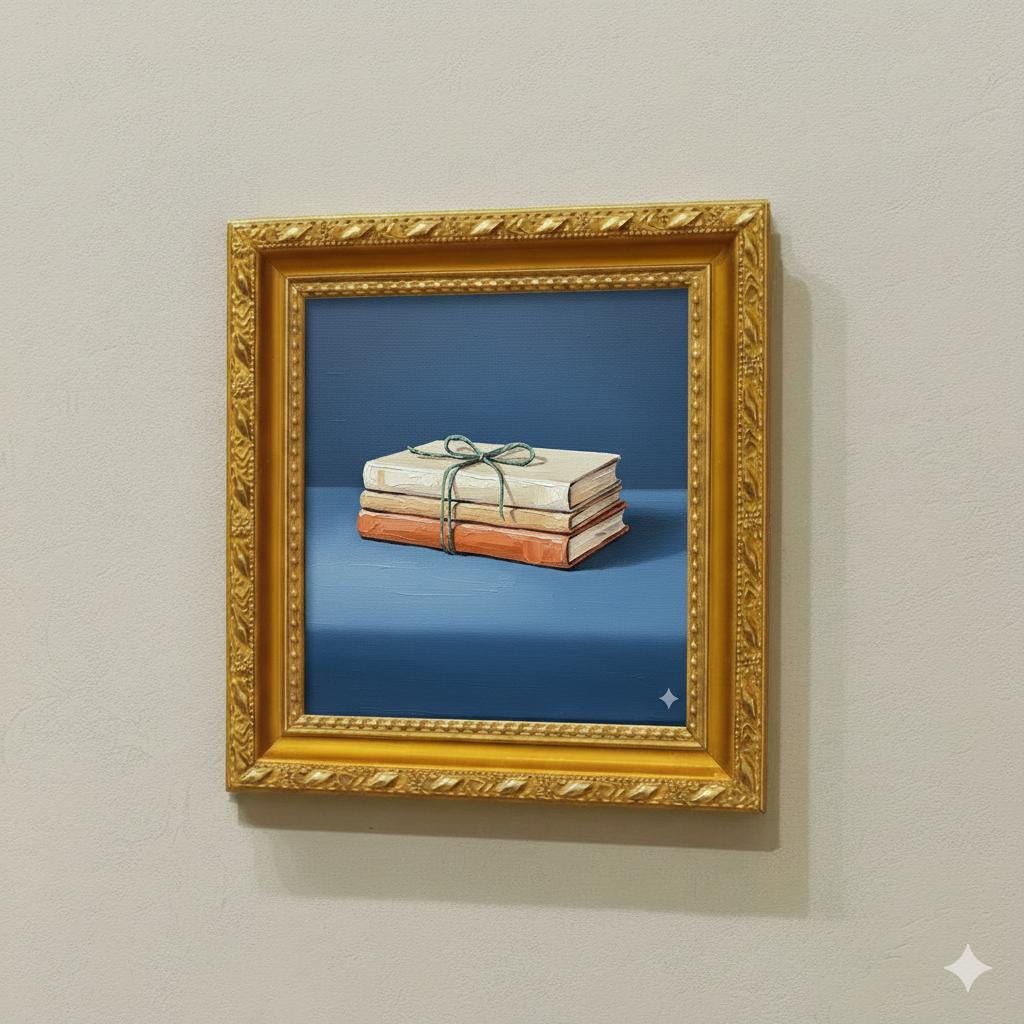 Modern Minimalist Book Stack Painting | Frayed Green Twine | Cream Beige Terracotta | Indigo Blue Art Print | Elegant Home Decor