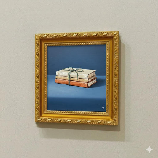 Modern Minimalist Book Stack Painting | Frayed Green Twine | Cream Beige Terracotta | Indigo Blue Art Print | Elegant Home Decor