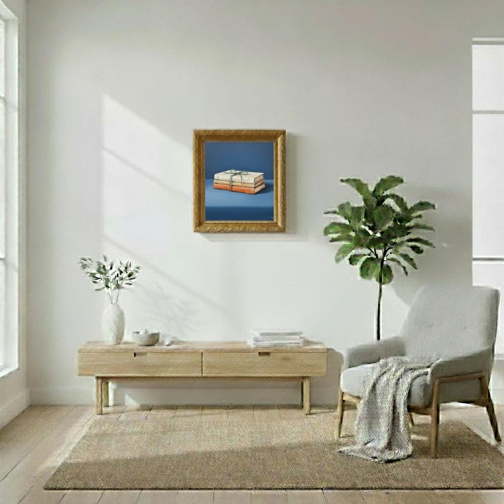 Modern Minimalist Book Stack Painting | Frayed Green Twine | Cream Beige Terracotta | Indigo Blue Art Print | Elegant Home Decor