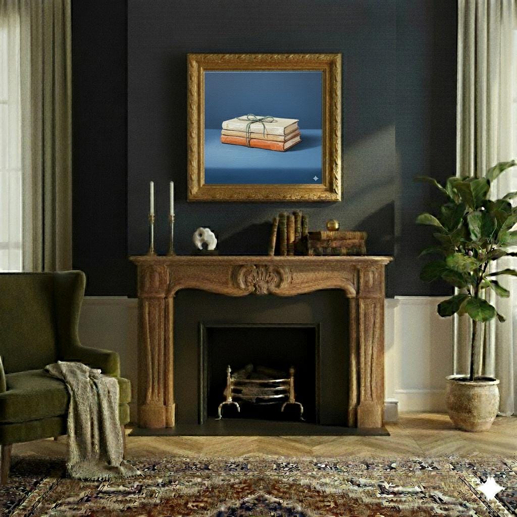 Modern Minimalist Book Stack Painting | Frayed Green Twine | Cream Beige Terracotta | Indigo Blue Art Print | Elegant Home Decor