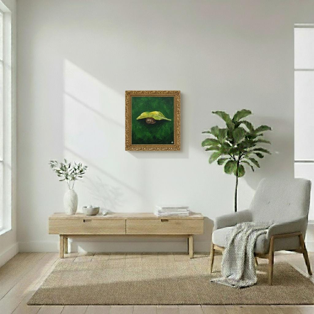 Minimalist Garden Snail Painting | Yellow Dock Leaf | Forest Green Nature Art | Modern Wall Decor