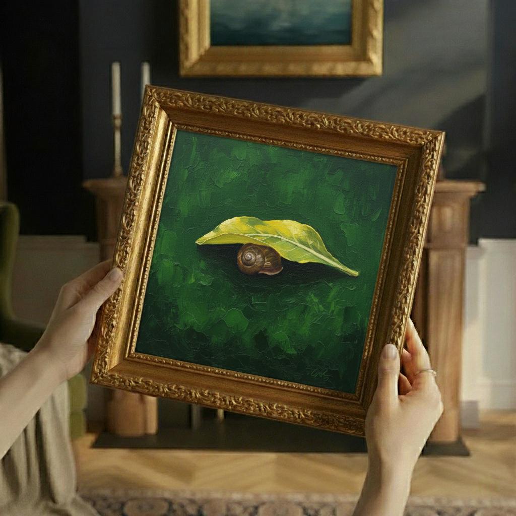 Minimalist Garden Snail Painting | Yellow Dock Leaf | Forest Green Nature Art | Modern Wall Decor