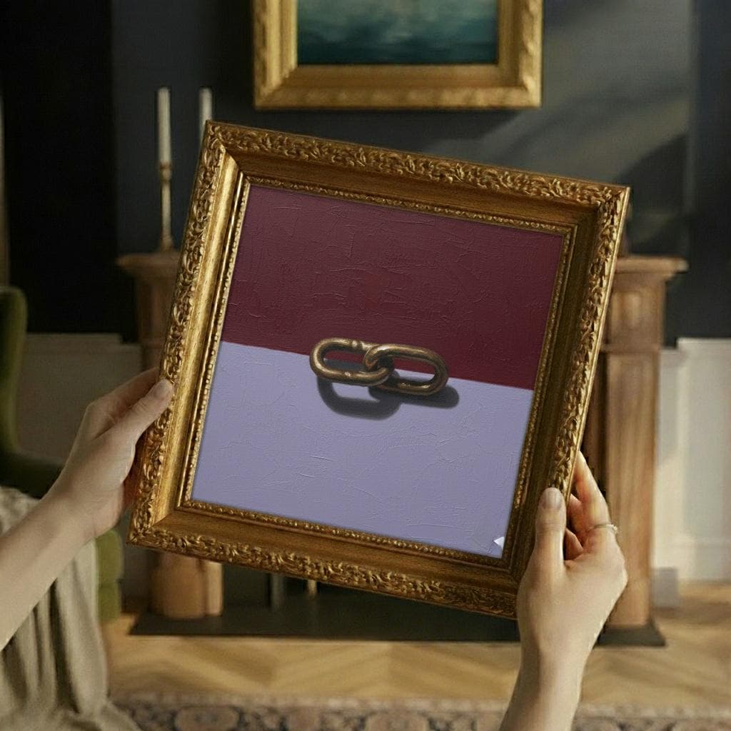 Minimalist Bronze Chain Link Oil Painting | Maroon & Lavender Abstract Canvas Art | Modern Wall Decor