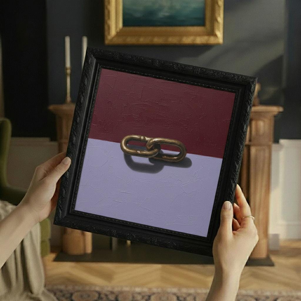 Minimalist Bronze Chain Link Oil Painting | Maroon & Lavender Abstract Canvas Art | Modern Wall Decor