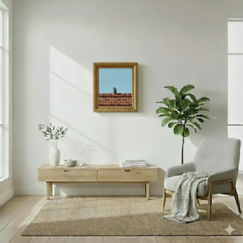 Minimalist Grey Squirrel Painting | Textured Red Brick Wall | Robin's Egg Blue Sky | Modern Narrative Wall Art